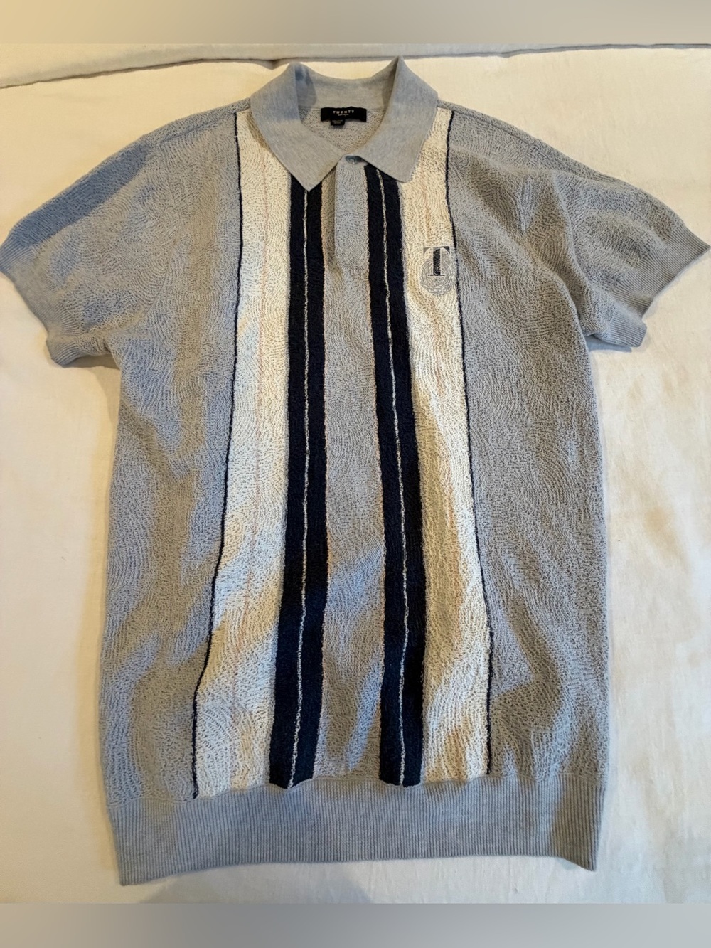 Men's Light Gray Blue Short-Sleeve Polo Sweater with Navy Stripes